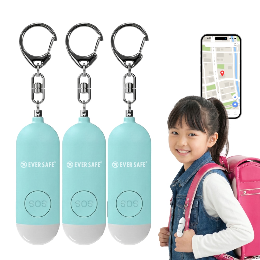 GPS追跡 防犯ブザー 4色 ブルー 3個セット 防犯グッズ LEDライト 130dB 大音量 防犯対策 位置情報 充電式 登下校 見守り 小学生 護身用 女性 高齢者 夜道 迷子 紛失防止 子供 PB01 EVERSAFE (メール便4セットまで)