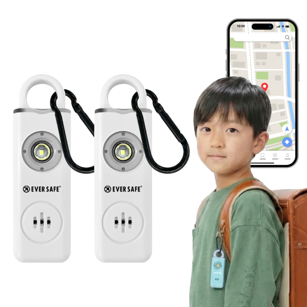 GPS追跡 防犯ブザー スクエア ホワイト 2個セット 防犯グッズ LEDライト 130dB 大音量 防犯対策 位置情報 充電式 カラビナ 見守り 小学生 護身用 女性 高齢者 夜道 迷子 紛失防止 子供 ARIZA PB03 EVERSAFE (メール便4セットまで)