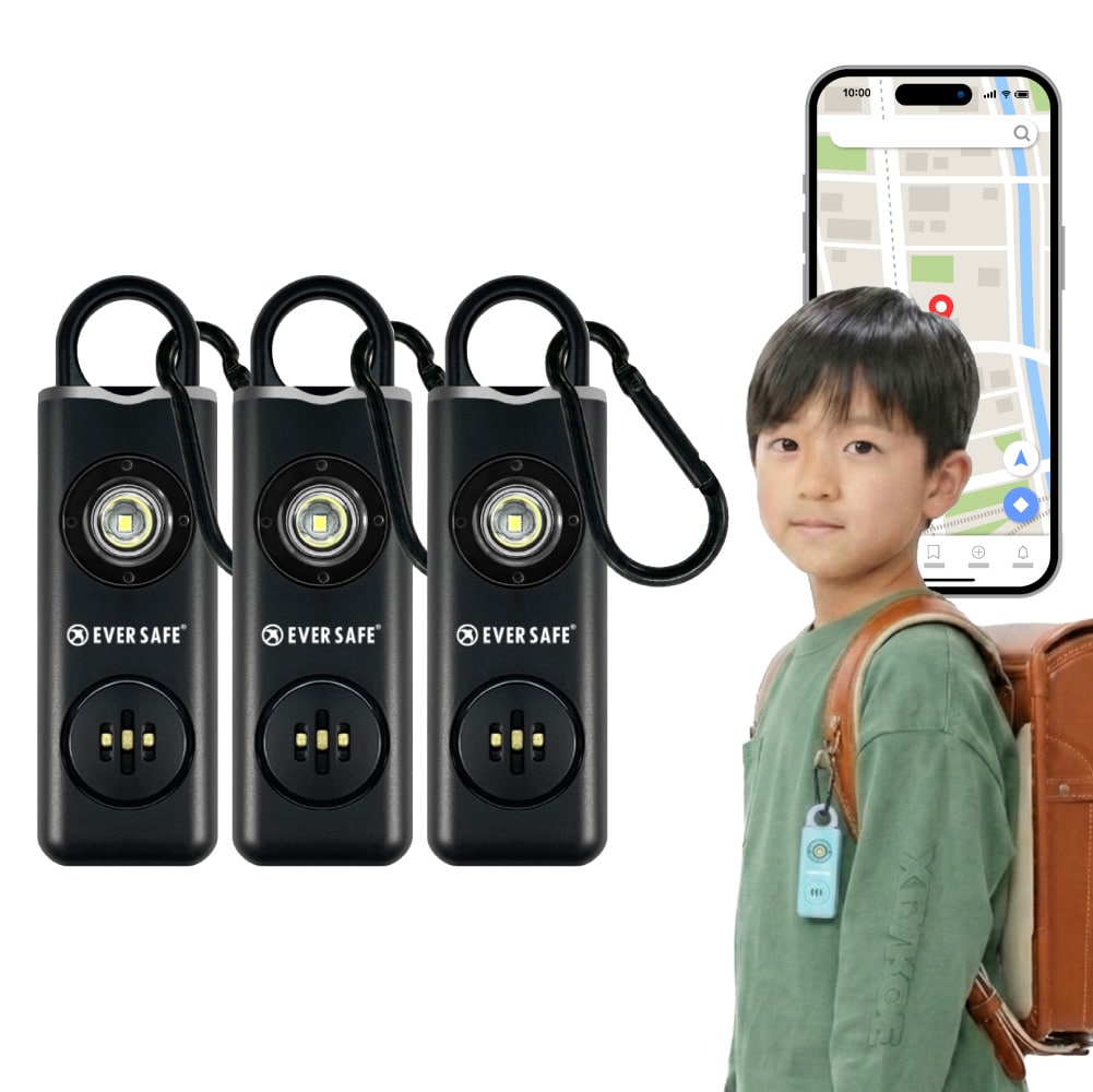 GPS追跡 防犯ブザー スクエア ブラック 3個セット 防犯グッズ LEDライト 130dB 大音量 防犯対策 位置情報 充電式 カラビナ 見守り 小学生 護身用 女性 高齢者 夜道 迷子 紛失防止 子供 ARIZA PB03 EVERSAFE (メール便2セットまで)