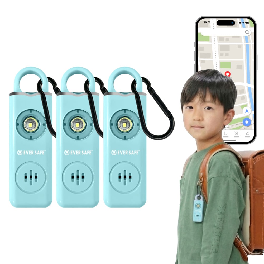 GPS追跡 防犯ブザー スクエア ブルー 3個セット 防犯グッズ LEDライト 130dB 大音量 防犯対策 位置情報 充電式 カラビナ 見守り 小学生 護身用 女性 高齢者 夜道 迷子 紛失防止 子供 ARIZA PB03 EVERSAFE (メール便2セットまで)
