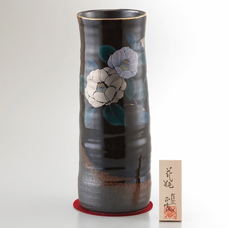 美濃焼 10号黒伊賀長花瓶 プラチナ山茶花 /プレゼント ギフト 花瓶 小物・置物 インテリア 住まい・家具 お歳暮 お年賀 クリスマス ギフト