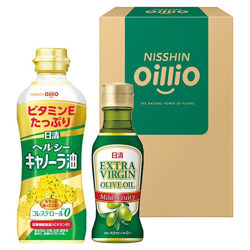 日清オイリオ ヘルシーオイル&エキストラバージンオリーブオイルギフト  ／オリーブオイル 油 調味料 食品 ギフト プレゼント プチギフト 祝い バレンタイン チョコ 以外 子供 友達 ホワイトデー お返し 人気 カード