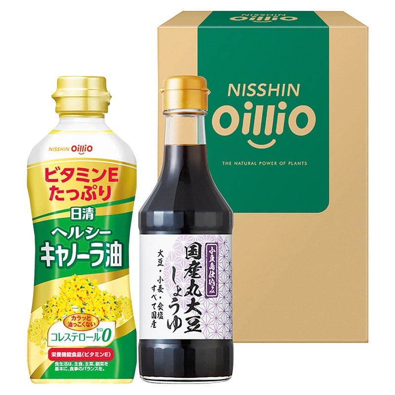 日清オイリオ ヘルシーオイル&国産丸大豆醤油ギフト  ／セット・詰め合わせ 油 調味料 食品 ギフト プレゼント プチギフト 祝い バレンタイン チョコ 以外 子供 友達 ホワイトデー お返し 人気 カード