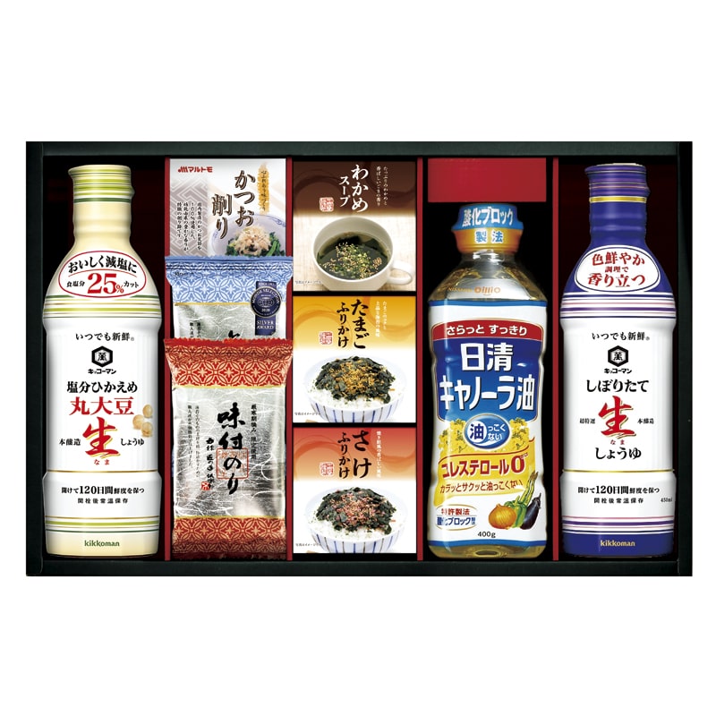 キッコーマン塩分ひかえめ生しょうゆ&バラエティギフト ／セット・詰め合わせ 調味料 食品 ギフト プレゼント プチギフト 祝い お年賀 御年賀 2026 送料無料 人気 年始挨拶 バレンタイン チョコ 以外 子供 友達