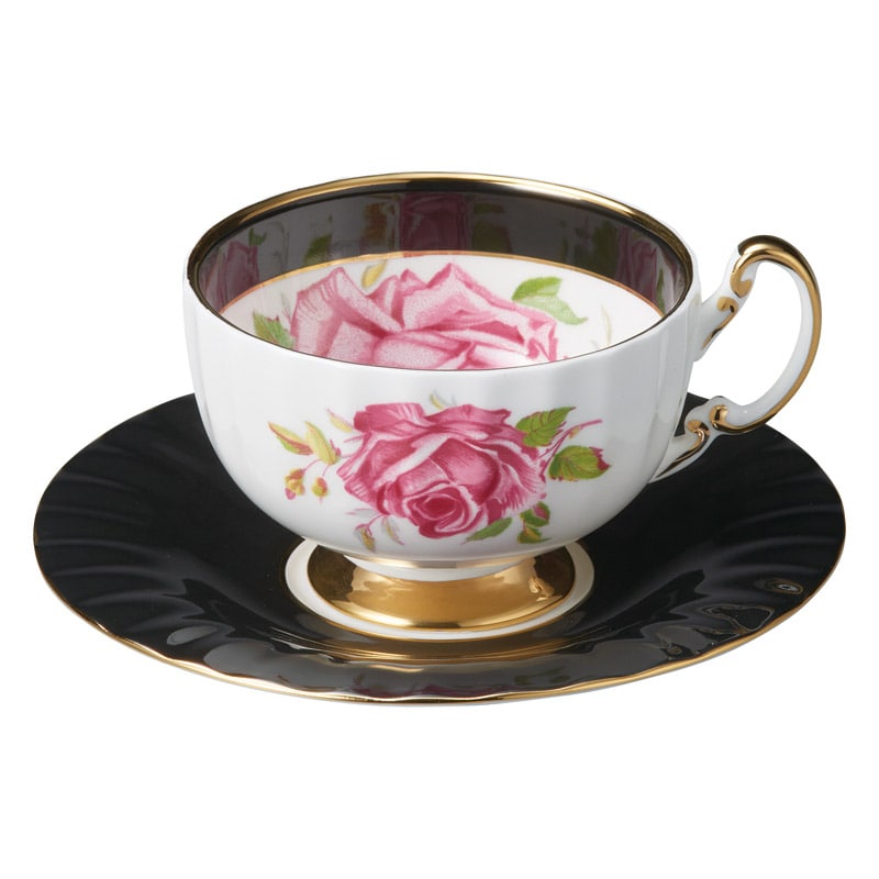 エインズレイ ローザセンティフォーリア ティーカップ&ソーサー ブラック ／マグカップ・ティーカップ コーヒー・お茶用品 キッチン用品 ギフト プレゼント プチギフト 祝い お年賀 2026 バレンタイン プレゼント