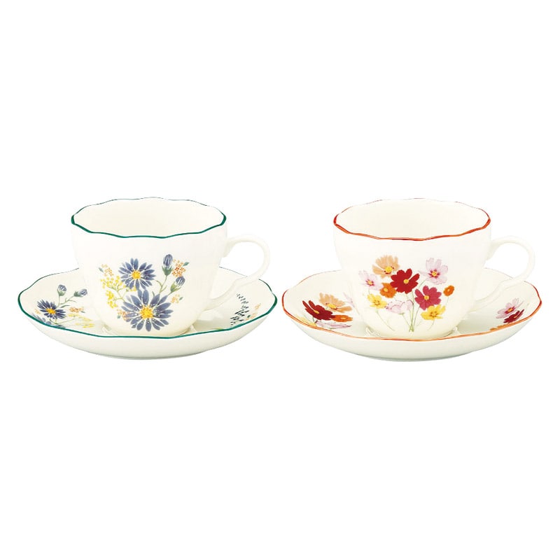 日比谷花壇 ペアカップ&ソーサーセット 孔雀草･コスモス ／マグカップ・ティーカップ コーヒー・お茶用品 キッチン用品 ギフト プレゼント プチギフト 祝い お年賀 2026 バレンタイン プレゼント