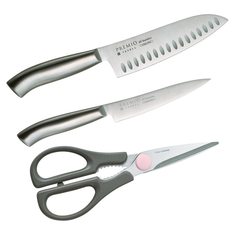 プレミオ オールステンレス三徳･ペティ･キッチンバサミセット ／プレゼント ギフト 包丁セット 包丁・ナイフ 調理器具 キッチン用品 お歳暮 お年賀 クリスマス ギフト