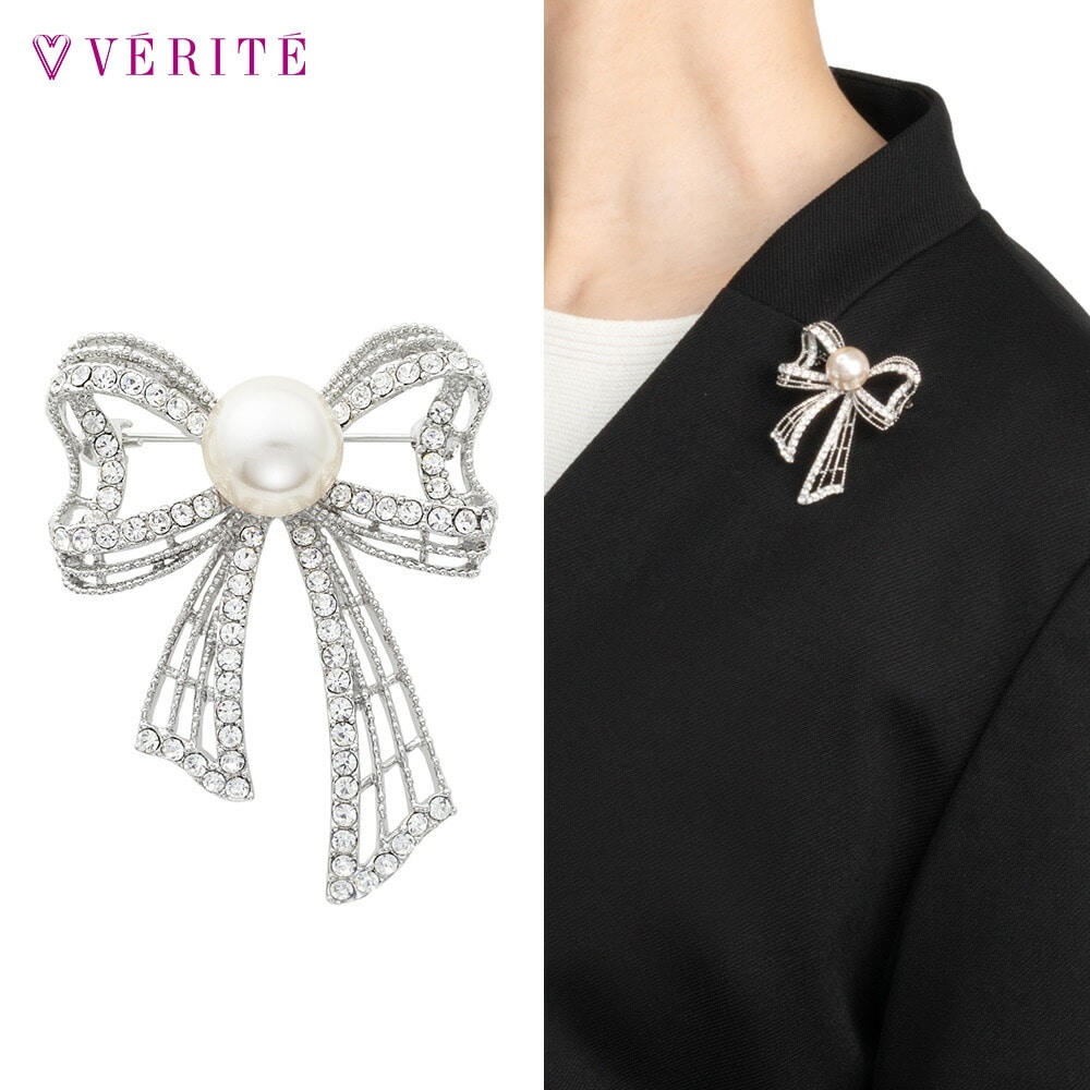 プラスチックパール リボンブローチ（シルバーカラー） 131708120500