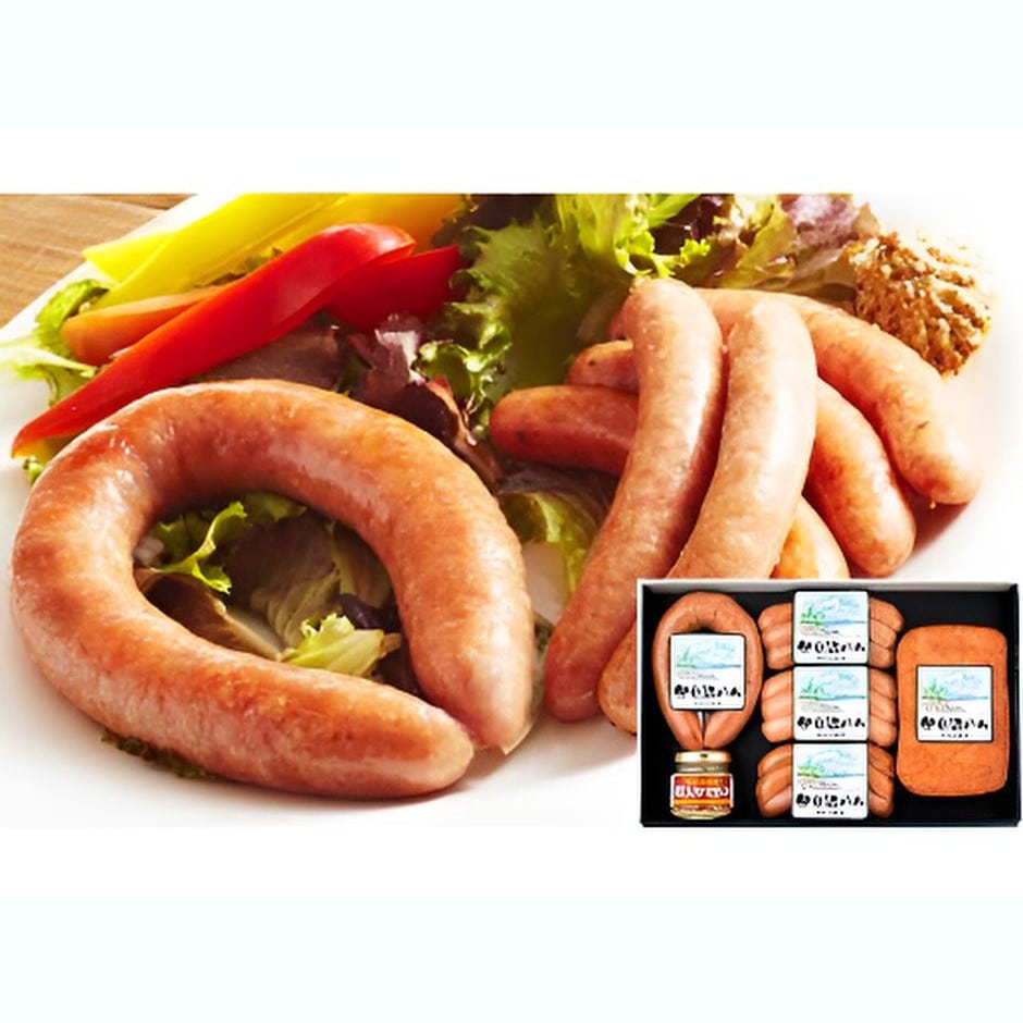 【宮城】伊豆沼ハム 3種のウインナーとミートケーゼ・リングフランクのギフトセット(粒入りマスタード付き)