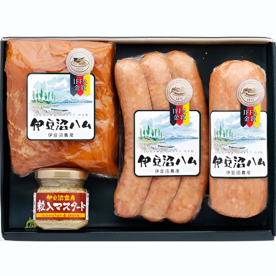 【宮城】伊豆沼ハム IFFA金賞受賞 ソーセージ2種・ブロックハム ギフトセット 計700g(粒入マスタード付き)