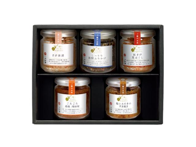 【新潟】ご飯にひとさじ ご贈答にも最適 5点詰合せ HA5 (ごろごろ越後肉味噌×1瓶、鶏とえのきのすき焼き×1瓶、さけ茶漬×1瓶、紅さけ荒ほぐし×1瓶、しっとり海鮮ふりかけ×1瓶)