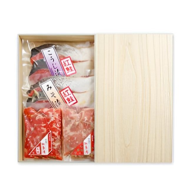 【福島】ご贈答用にも! 阿武隈の鮭浪漫 詰合せ(紅葉漬2種各100g・紅鮭切身2種各2切)