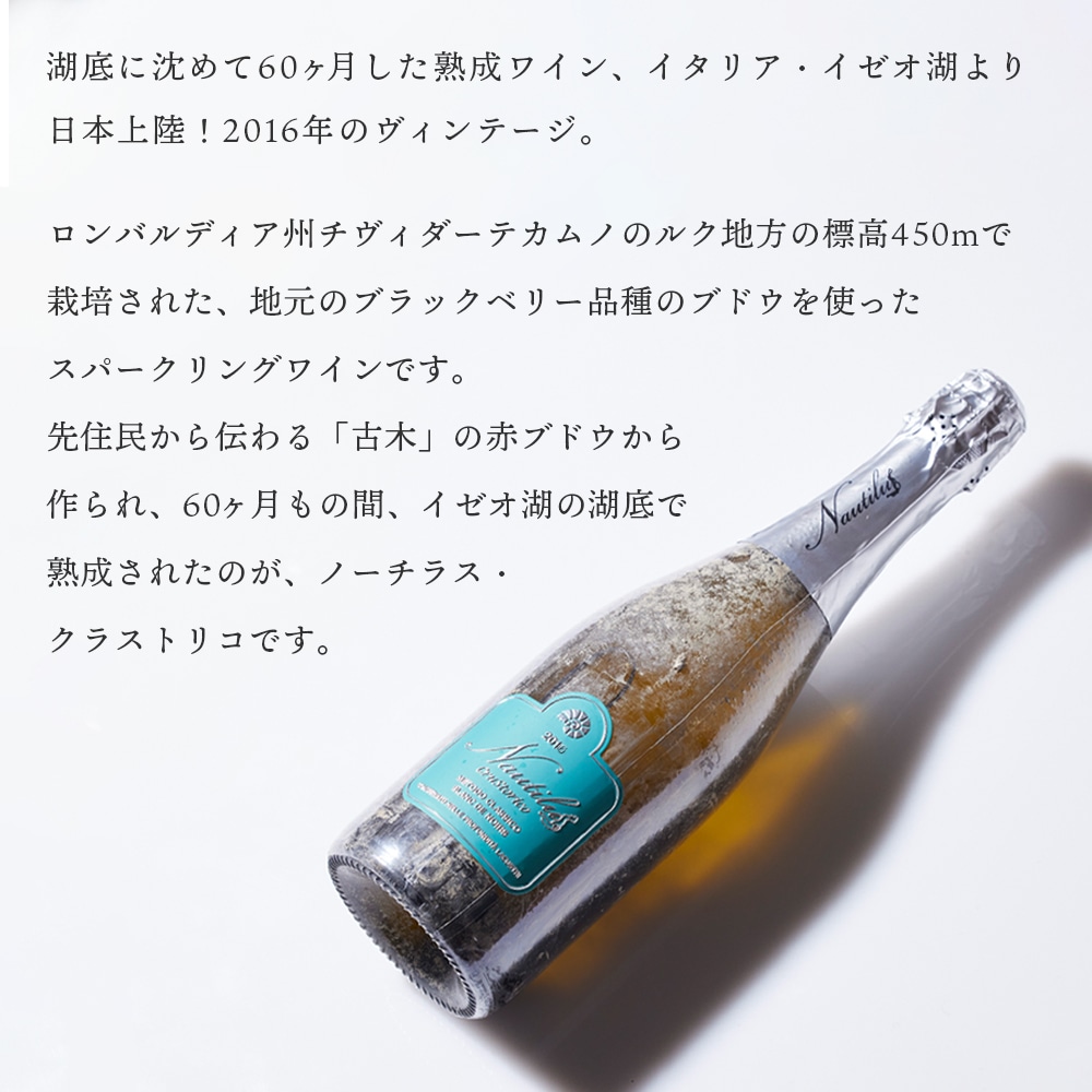 【クール便発送】ワイン 湖底熟成ワイン ノーチラス・クラストリコ 2016 NAUTILUS CRUSTORICO アグリコラ・ヴァルカモニカ AGRICOLA VALLECAMONICA 湖底 水深60メートル お祝い 記念日 誕生日 パーティー プレゼント ギフト お歳暮 御歳暮 クリスマス 60ヵ月熟成 辛口