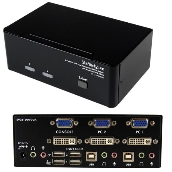 StarTech.com Ltd. 2ポート デュアルディスプレイ(DVI & VGA)対応USB接続KVMスイッチ/PCパソコンCPU切替器(3.5mm ミニジャック オーディオ対応/2x USB2.0ハブ付) 解像度1920x1200(DVI-D対応ケーブル使用時) SV231DDVDUA