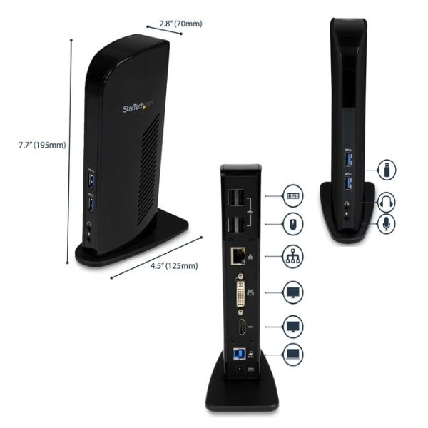 StarTech.com Ltd. ドッキングステーション/USB 3.0接続/デュアルモニター/HDMI & DVIまたはVGA/6x USB-Aハブ/ギガビットイーサネット/オーディオ/縦置き型/各種OS対応/USB-A マルチポート 変換アダプター USB3SDOCKHD
