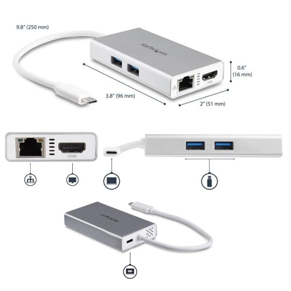 StarTech.com Ltd. USB Type-C接続マルチアダプタ シルバー&ホワイト 4K HDMI/USB Power Delivery/USB 3.0 Type-A 2ポート/ギガビット有線LAN DKT30CHPDW