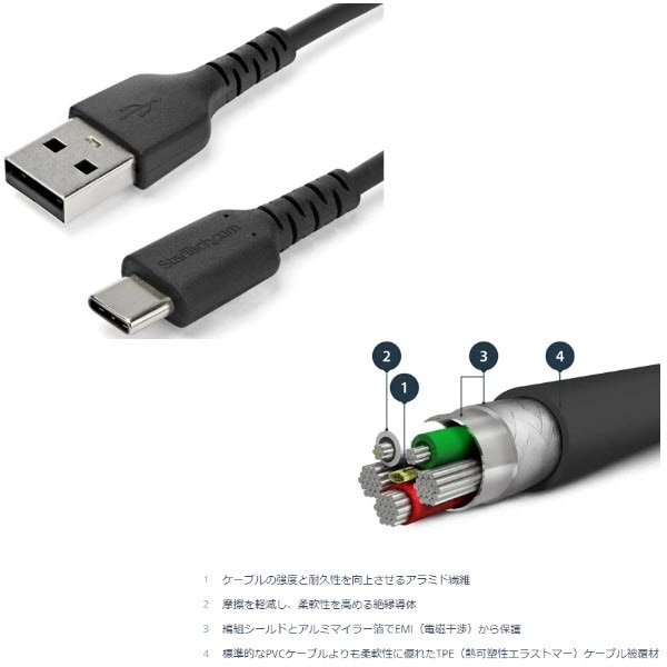 StarTech.com Ltd. USBケーブル/USB 2.0 Type-A-Type-C/2m/3A 60W/高耐久 アラミド繊維補強/オス オス/ブラック/充電 & データ転送 同期/タイプC コネクター RUSB2AC2MB