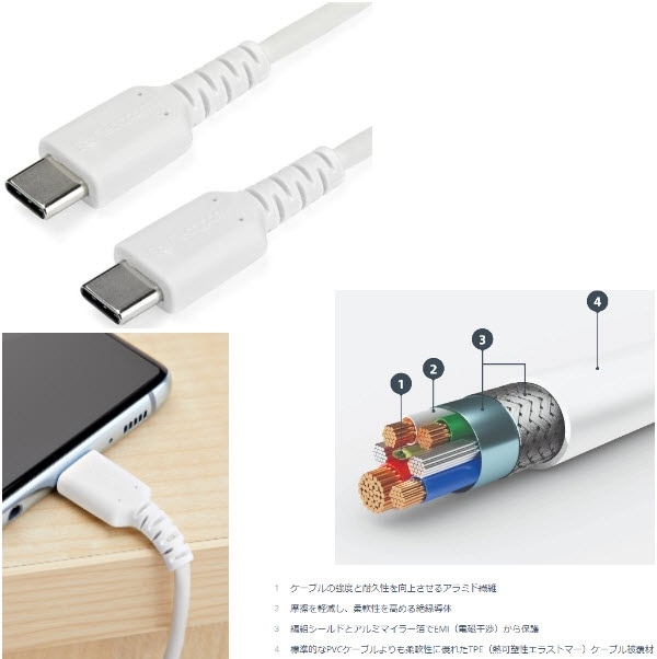 StarTech.com Ltd. USB-C ケーブル/1m/USB 2.0/急速充電・データ転送/3A 60W/アラミド繊維補強/オス・オス/ホワイト RUSB2CC1MW