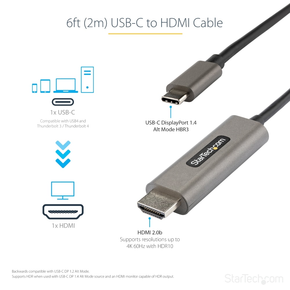 StarTech.com Ltd. USB-C-HDMI 変換ケーブル/2m/4K 60Hz/HDR10/UHD対応 USB Type-C to HDMI 2.0b 変換アダプター/Typec-HDMI 交換ケーブル/DP 1.4オルタネートモード/HBR3 CDP2HDMM2MH