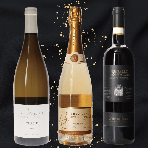 華やぎと深みのトリオ ~泡・白・赤で愉しむ冬の晩餐~ シャンパーニュ・シャブリ・ブルネッロの3本セット
