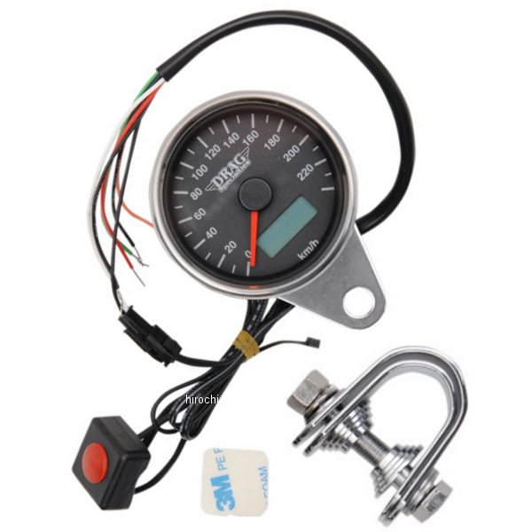 2210-0326 DRAG 電子スピードメーター、オド/トリップメーター付き(240km/h) 2.37インチ(60mm) ポリッシュ/黒