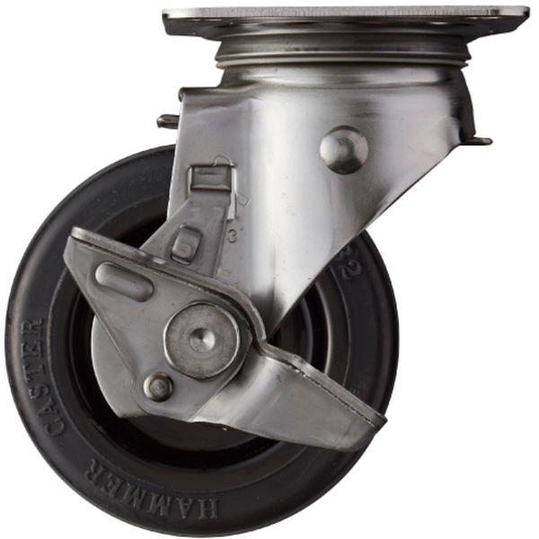 ステンレス製プレート式キャスター 自在(サイドストッパー付) 車輪径100mm ゴム車輪 Sシリーズ