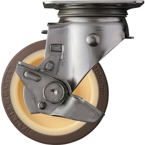313SUB100 Sシリーズオールステンレス 旋回式ウレタン車輪(ローラーベアリング)100mm ストッパー付