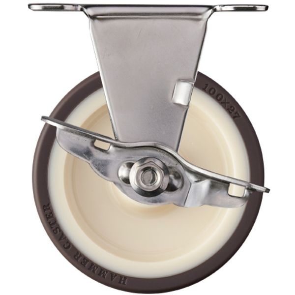 ステンレス製プレート式キャスター 固定ストッパー付 車輪径100mm ウレタン車輪(ローラーベアリング) Eシリーズ