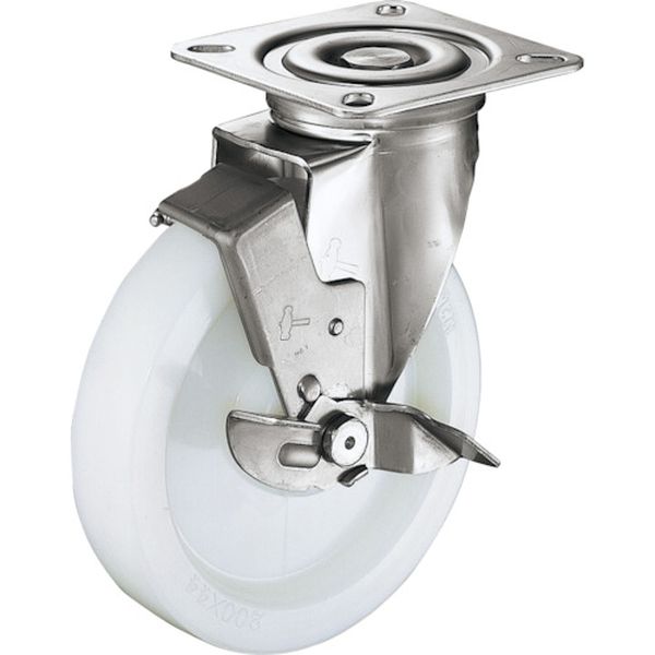 319SN200 814-2019 プレート式キャスター 旋回式ストッパー付 ナイロン車輪 200mm オールステンレス