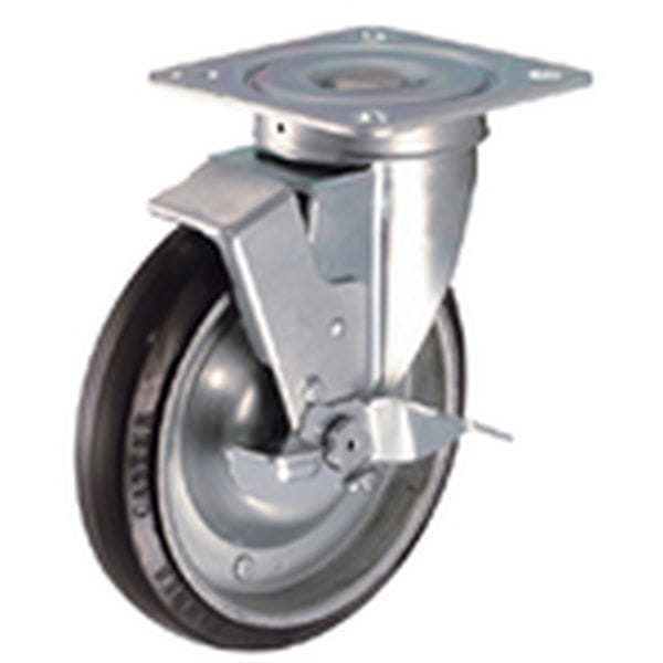 プレート式キャスター 自在(ストッパー付) ゴム車輪(ラジアルボールベアリング入) 車輪径200mm 400S型