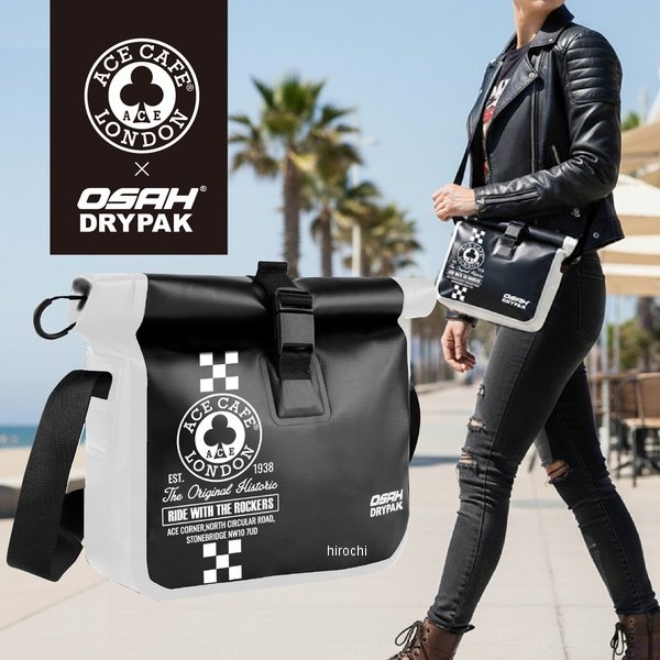 AMB100WP エースカフェロンドン ACE CAFE LONDON ACE CAFE×OSAH DRYPAK ウォータープルーフ ワンショルダーバッグ ブラック/ホワイト 2L