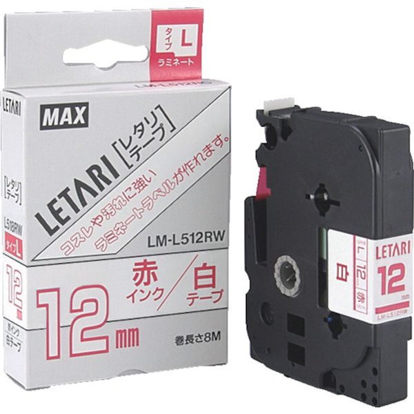 LML512RW 422-0705 ビーポップミニ用ラミネートテープ LM-L512RW 白×赤文字 12mm幅×8m巻