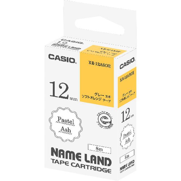 XR12ASOE カシオ計算機(株) カシオ ネームランド用アッシュテープ、ソフトオレンジにグレー文字12mm