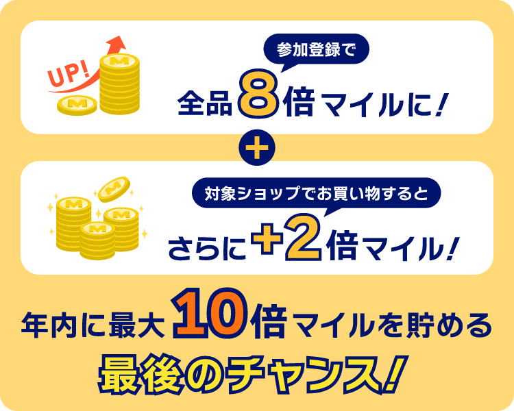 参加登録で全品8倍マイルに！＋対象ショップでお買い物するとさらに＋2倍マイル！　年内に最大10倍マイルを貯める最後のチャンス！