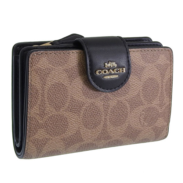 コーチ 財布 レディース 2つ折り 折財布 コンパクト アウトレット タンブラック ミディアムコーナージップウォレット シグネチャー キャンバス