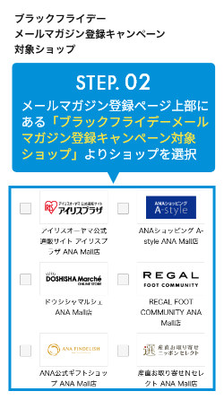 STEP.02 メルマガ登録はページ上部にあるおすすめショップのみマイル付与対象になります