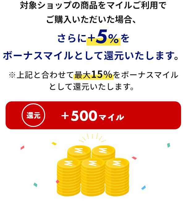 ANAショッピング A-style ANA Mall店の商品をマイルご利用でご購入いただいた場合、さらに+5%をボーナスマイルとして還元いたします。