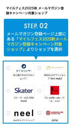 STEP.02 メルマガ登録はページ上部にあるおすすめショップのみマイル付与対象になります