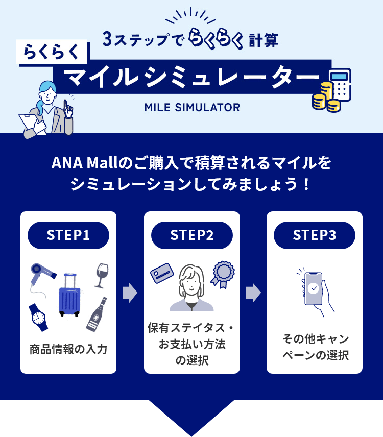 3ステップでらくらく計算 らくらくマイルシミュレーター MILE SIMULATOR